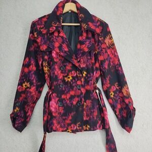 NY Collection Jacket Womens L Double Breasted Belted Trench Floral Print Red